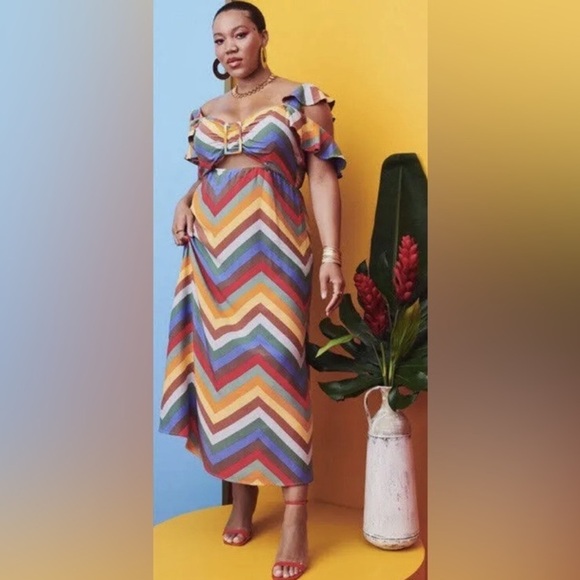 NWT Eloquii Size 20 Ruffle Strap Chevron Printed Midi Dress - Picture 1 of 7